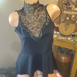 Bebe lace metallic insert peplum top L EUC